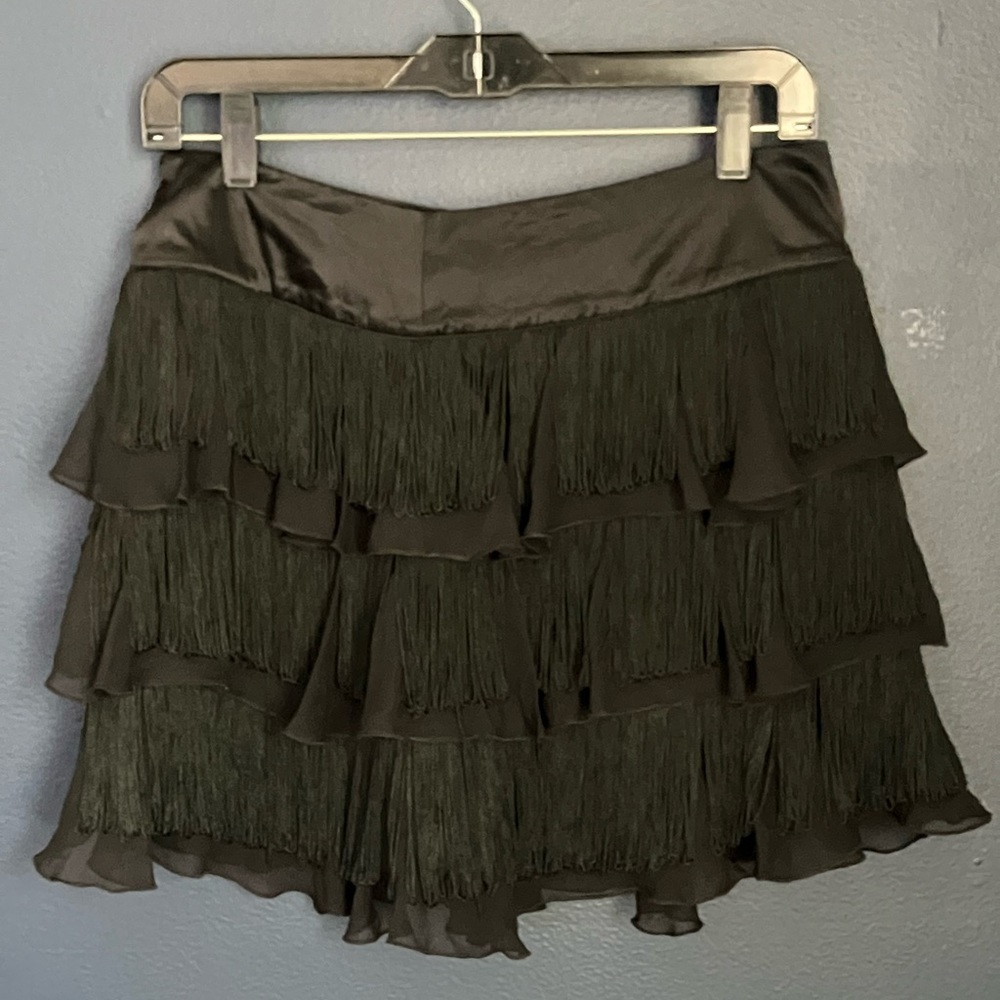 BEBE 100% Silk Fringe Ruffle Black Mini Skirt Size Small Zip Up Flowy VTG Y2K